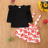 Baby Toddler Girls Valentine's Day Suit Black Fly Sleeve 2 Pcs Sets