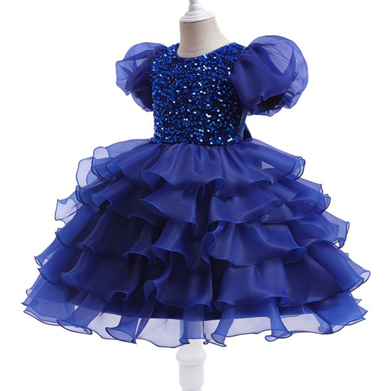 Kid Girl Princess Bubble Sleeve Sequins Pompous Gauze Dresses