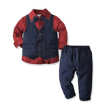 Kid Baby Boy Suit Long Sleeve Navy Suspenders Gentleman 4 Pcs Sets