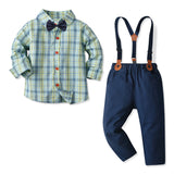 Kid Baby Boy Suit Long Sleeve Plaid Gentleman Suspenders 4 Pcs Sets