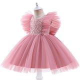 Kid Baby Girl Princess Flying Sleeve Mesh Lace Stitching Bow Dresses