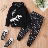 Kid Baby Boy Hooded Dinosaur Printed Long Sleeve Spring 2 Pcs Set