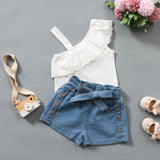 Kids Baby Girls Set Summer One Shoulder Ruffle Denim Shorts 2pcs