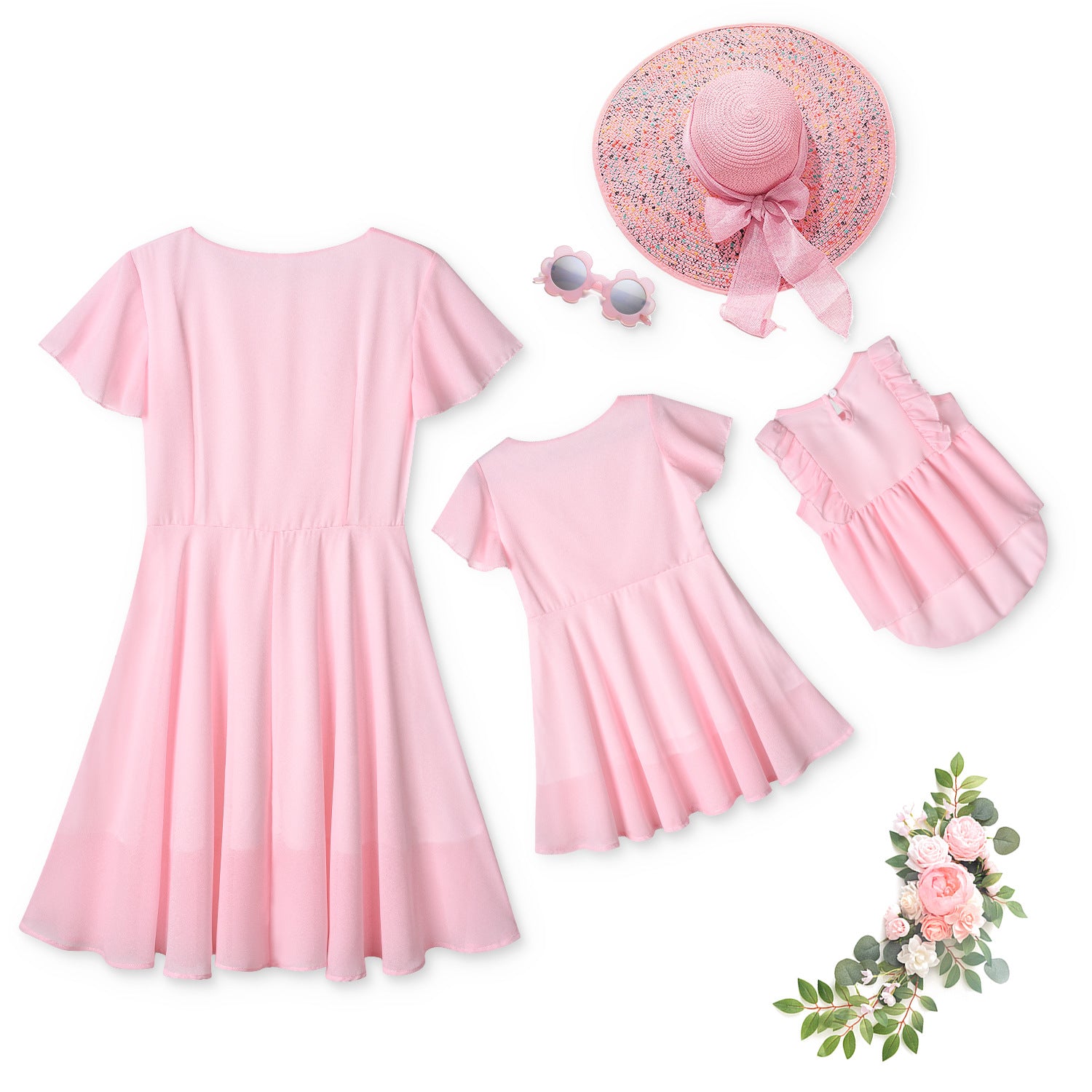 Family Matching Splicing Solid Color Pleated Dresses