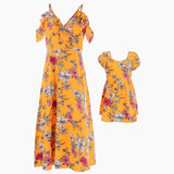 Family Matching Mother Daughter Halter V-collar Garden Flower Dresses