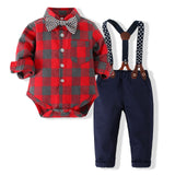 Baby Boys Autumn Long Sleeve Plaid Knot Bib Sets 2 Pcs