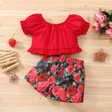 Kid Baby Girl Summer Printed Short Sleeve Shorts Rose 2 Pcs Set