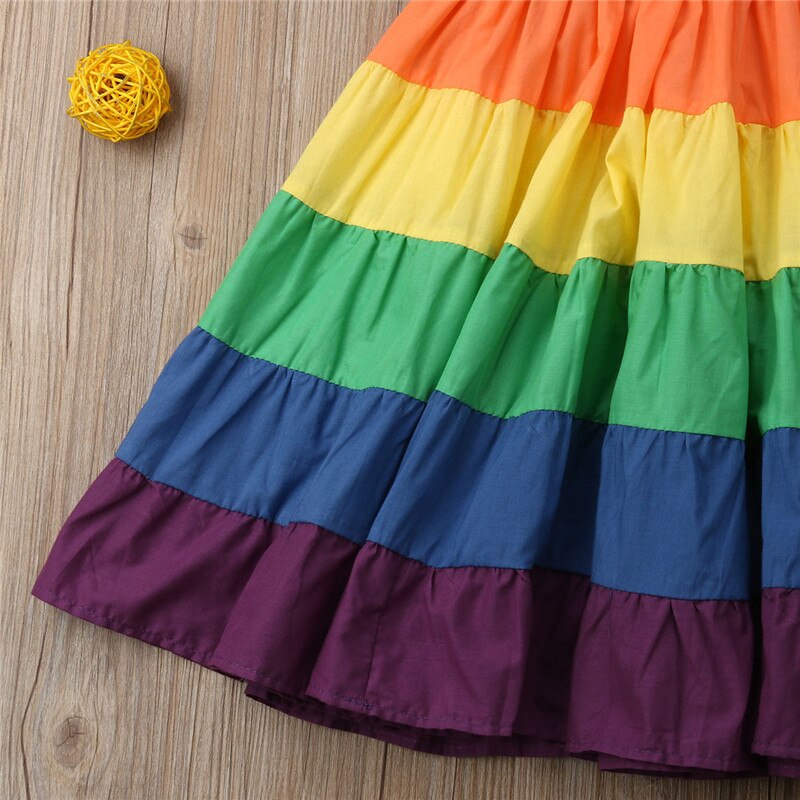 Kids Girl Dress Rainbow Cotton Strap Party Pageant Dresses 2-7Y