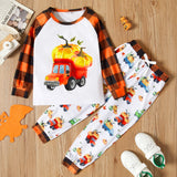 18M-6Y Kid Baby Boy Halloween Pumpkin Vehicle Print Plaid 2 Pcs Sets