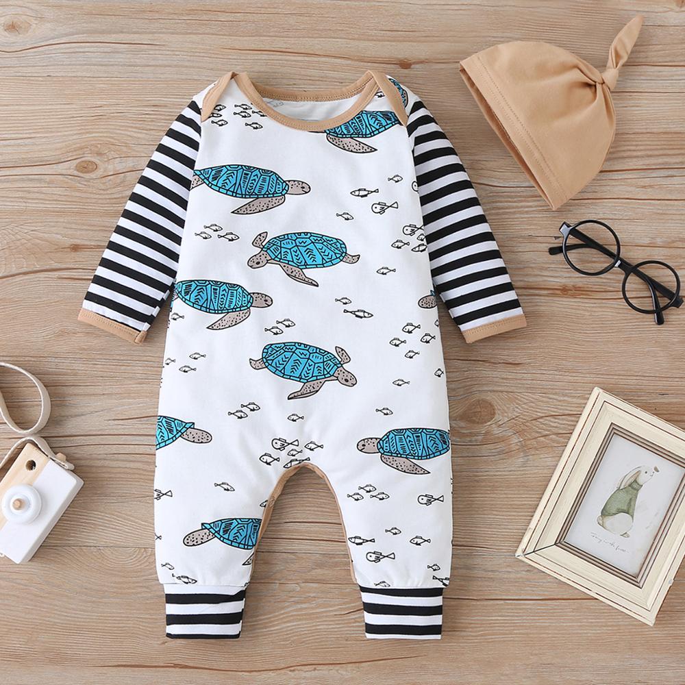 New Autumn and Spring Baby Turtle Striped Romper with Hat  2 Pcs Set