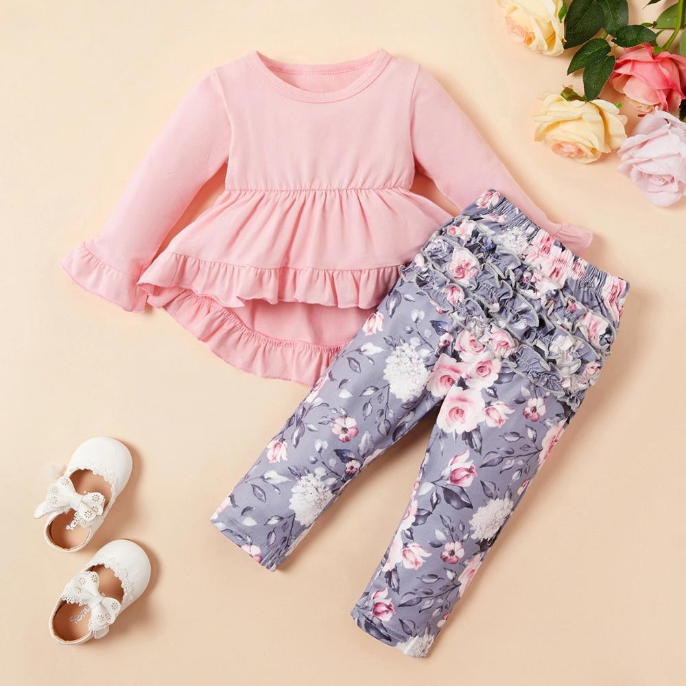 Baby Girls Solid Set Flower Print 2 Pcs Outfits