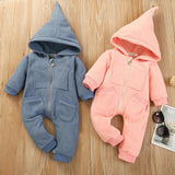 Baby Solid Warm Hooded Jumpsuit Long- Sleeves Rompers