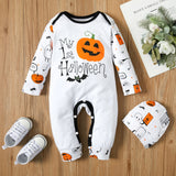 3-18M Halloween Letter Pumpkin Long-sleeve White Baby Jumpsuit Rompers