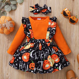 0-24M Baby Girl Halloween Pumpkin Print Long-sleeve Orange Set 2 Pcs