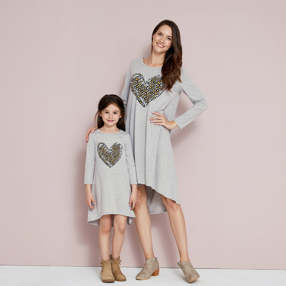 Family Matching Mosaic Mommy and Me Leopard Print Love Heart Dresses