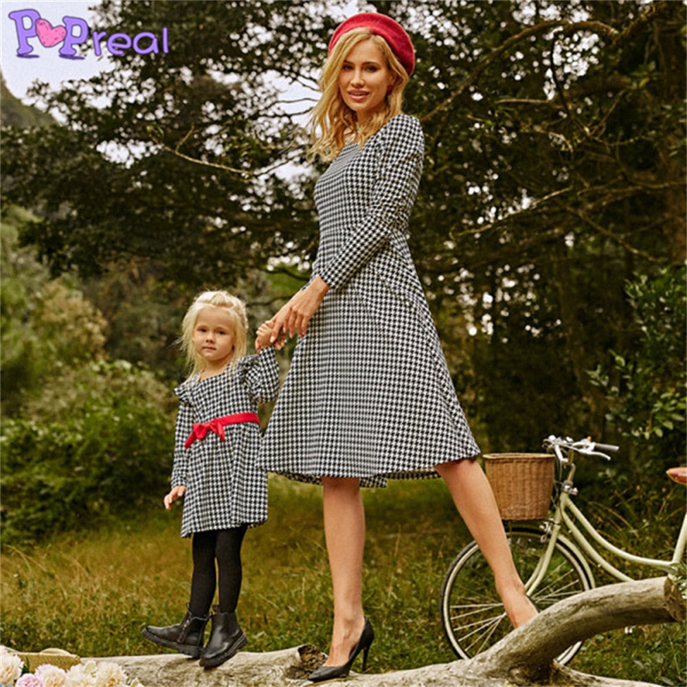 Family Matching Autumn Fashion Print Bow Mom Daughter Dresses