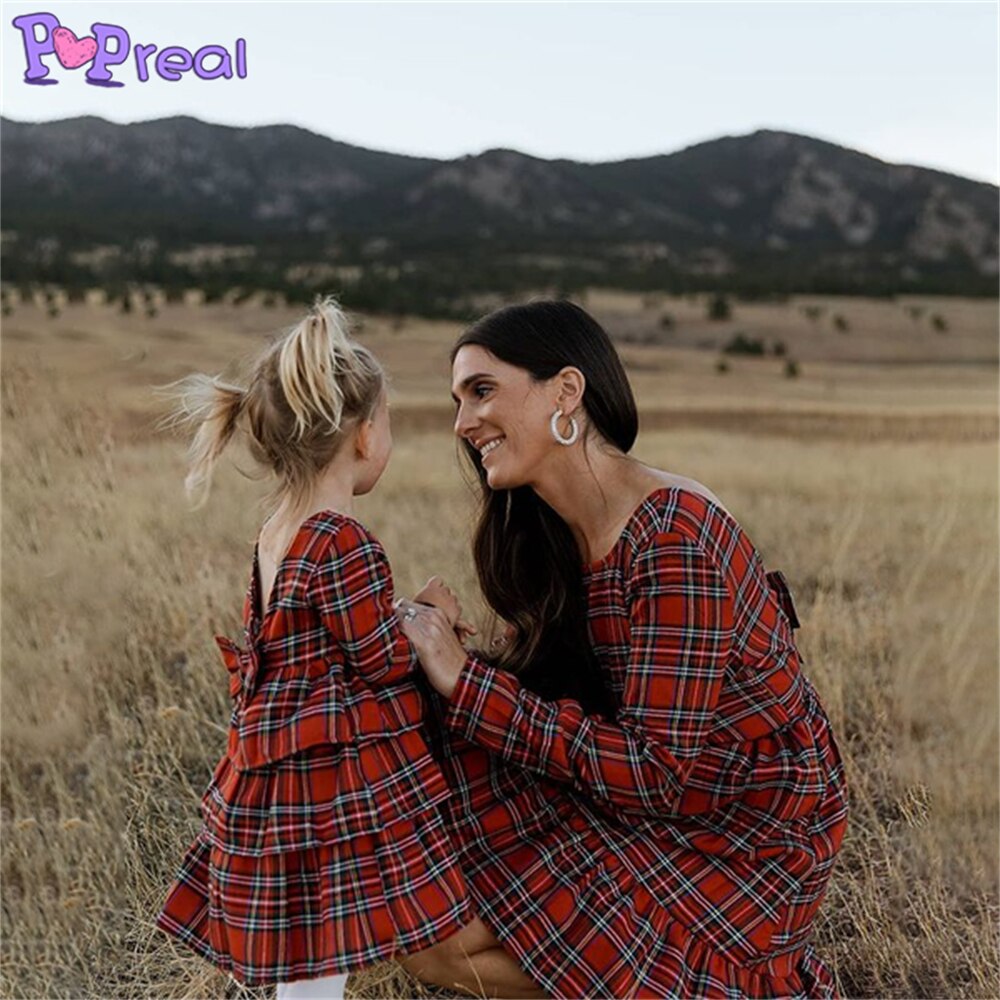 Family Matching Parent-Child Fashion Plaid Print Bow Dresses