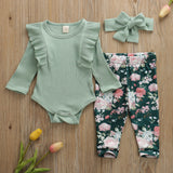 Baby Girl Solid Knitted Cotton Romper Tops Flower Print 3Pcs 0-3Years