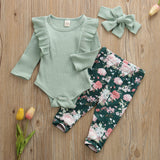 Baby Girl Solid Knitted Cotton Romper Tops Flower Print 3Pcs 0-3Years