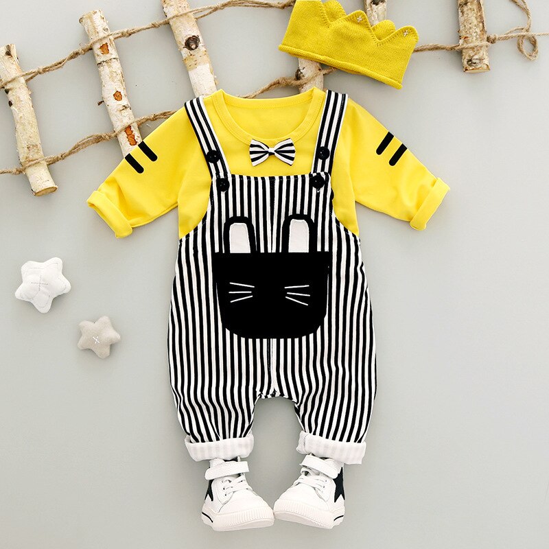 Baby Girl Set Spring Suit Long Sleeved Tops + Stripe Strap 2 Pcs