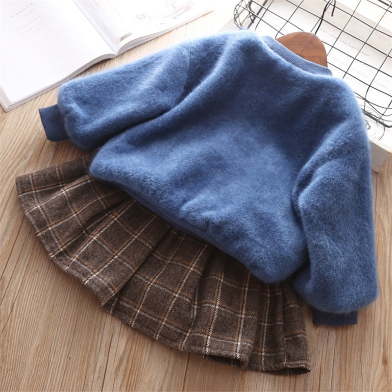 Winter Baby Girls Cute Plush Pullover+ Pleated Skirt 2 Pcs 0-5 Years