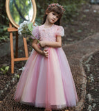 Kid Girls Sequins Flower Wedding Party Puff Sleeve Princess Pageant Dresses