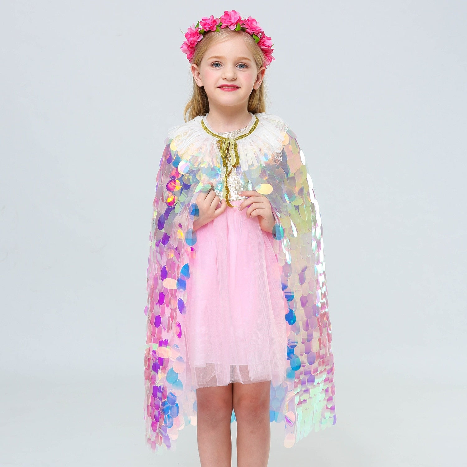 Sequins Princess Girls Cape Cloak Rainbow Shawl Coat