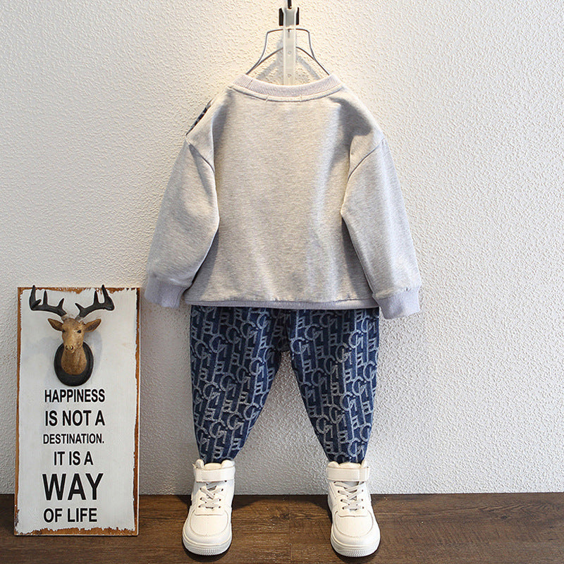 Kid Baby Boy Spring Autumn Fashion Denim Stitching 2 Pcs Set