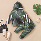 Boy Striped Long Sleeve Dinosaur Printed Hooded Suits 2 Pcs Sets