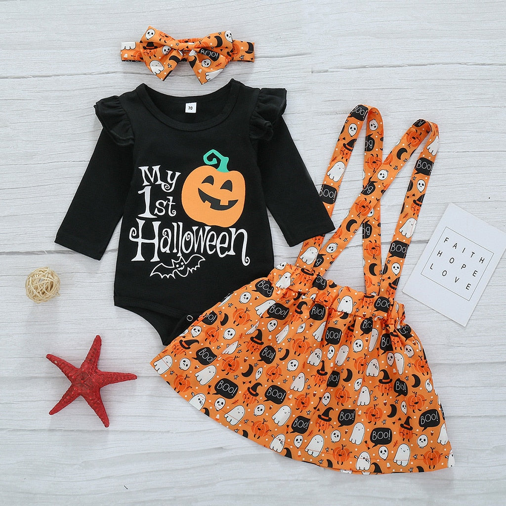 Toddler Baby Girls Halloween Print Skirt Pumpkin 2 Pcs Sets Outfits