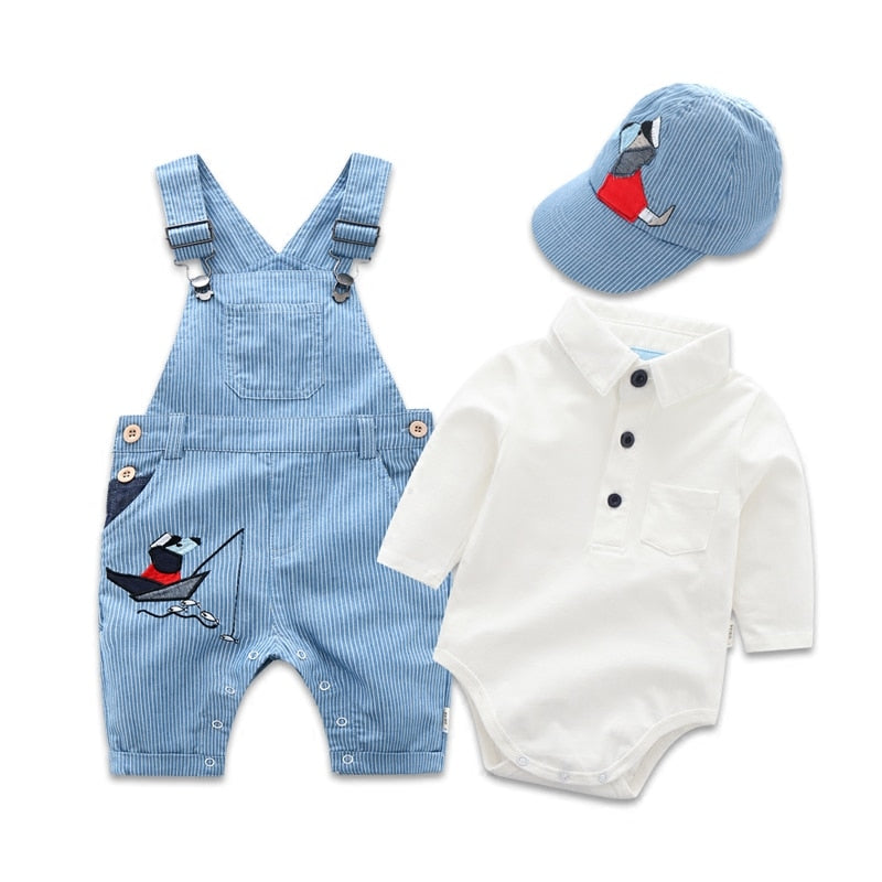 Toddler Baby Boy Cotton Bib Long-sleeved Jumpsuit Suit 3Pcs 0-24M