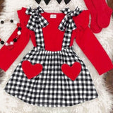 Baby Girls Valentine Ruffle Tops+Suspender Heart Plaid Sets 2pcs
