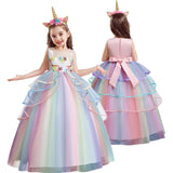 Unicorn Flower Girl Dress Wedding Party Rainbow Tutu Gown Birthday Dresses - honeylives