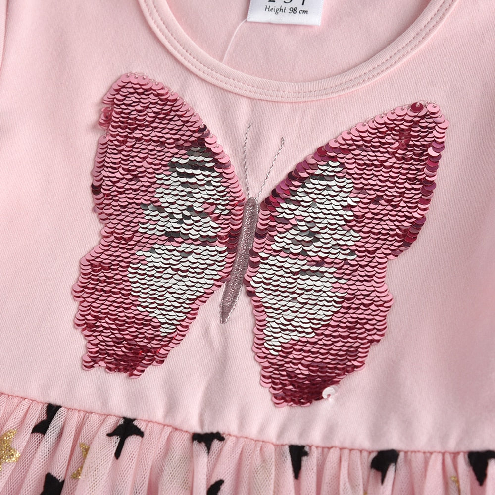 Kids Girls Autumn Dress Butterfly Sequins Flower Dresses 2- 8 Years