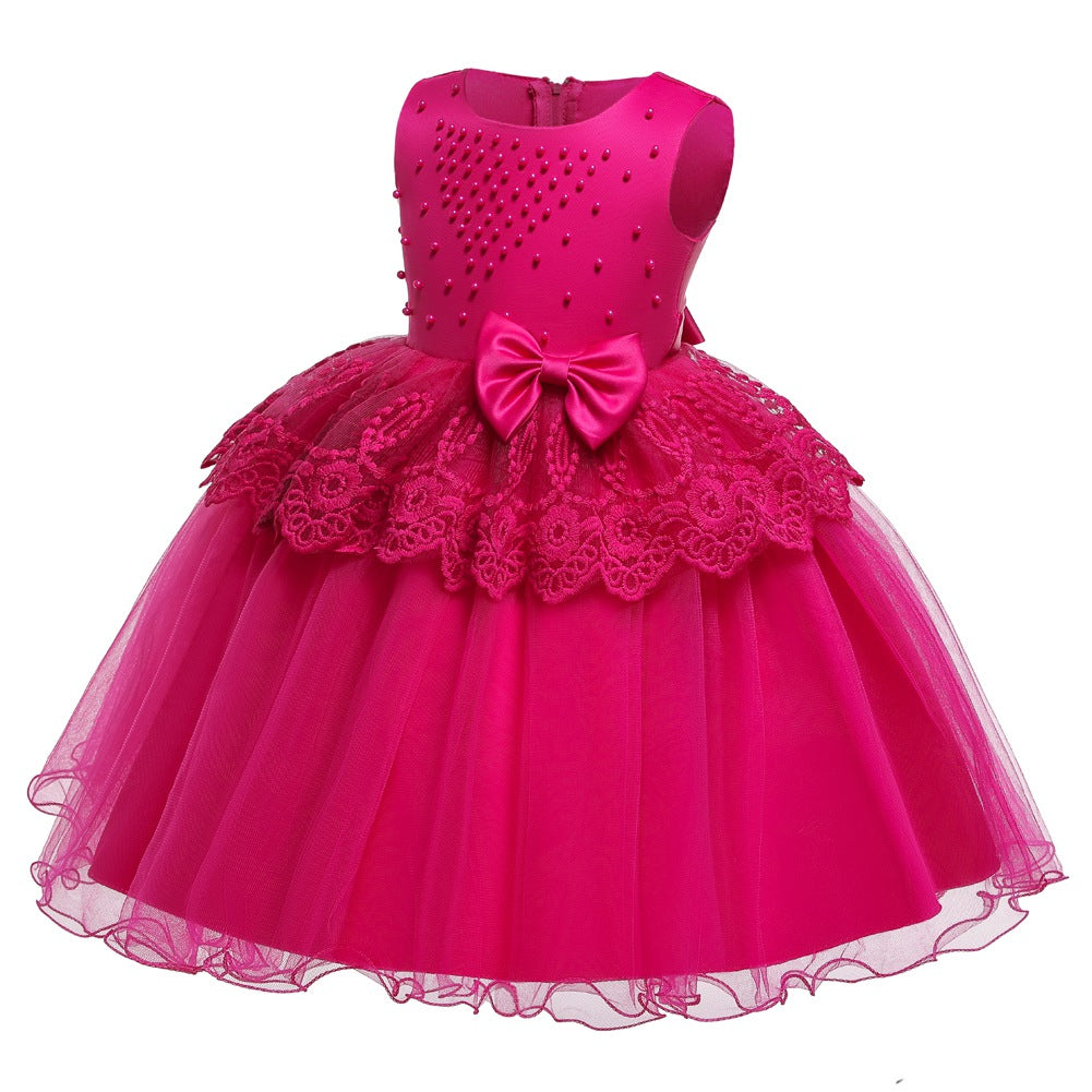Kid Girl Princess Pearls Flower Lace Ball Gown Wedding Evening Dresses