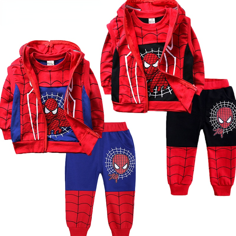 Kid Baby Boys Cartoon Spiderman Long Sleeve Hooded 3 Pcs Sets