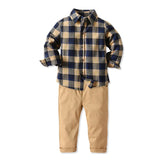 Kid Baby Boys Long Sleeve Cotton Plaid Suit  Boutique 2 Pcs Sets