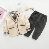 Boys Plaid Cardigan and Solid Denim Set  2 Pcs