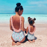 Family Matching Bikini Swimsuits 3D Flowers Backless Slim Beachwear