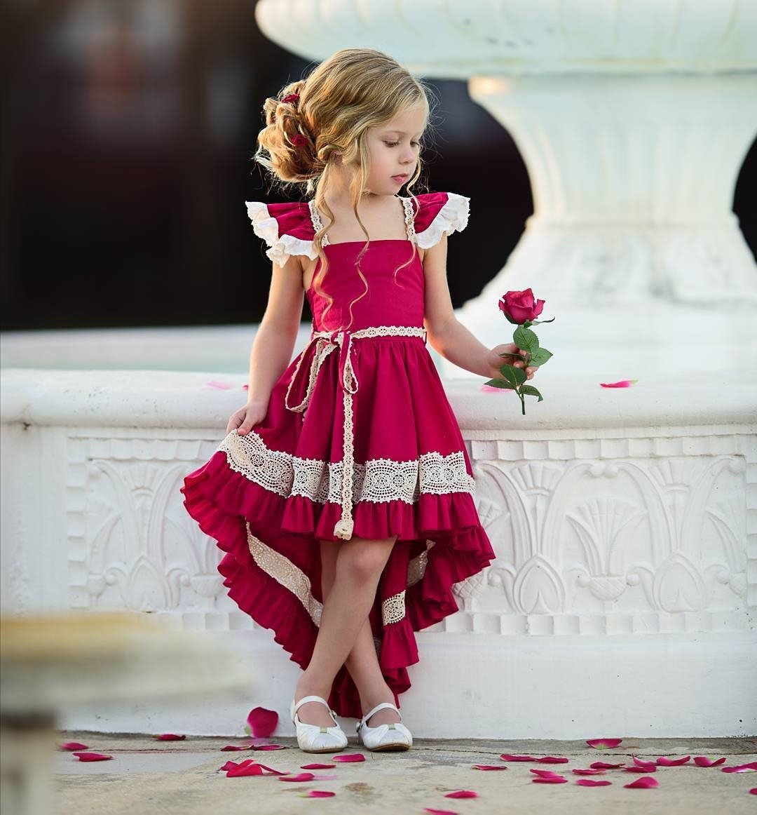 Kids Princess Lace Ruffle Irregular Beach Wedding Party Dresses