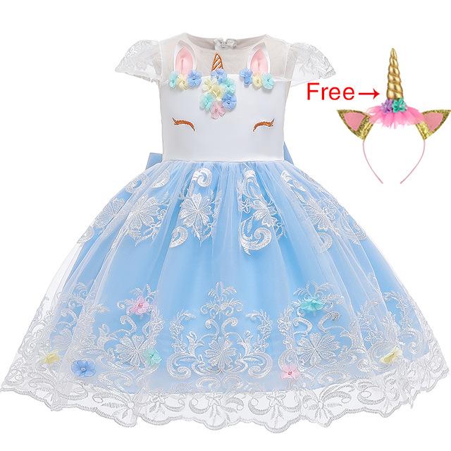 Girl Embroidery Unicorn Big Bow Princess Dress Wedding Party Kids Dresses - honeylives